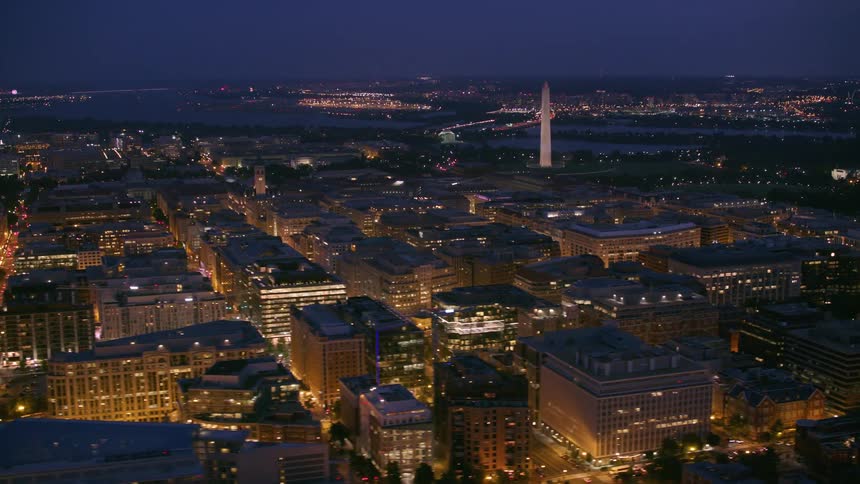 An aerial view of office buildings in a city