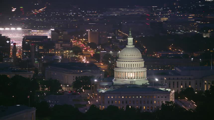 Aerial view of the dome of the united states capitol building at night