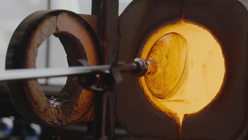 A glassmaker turning a new piece inside of a kiln