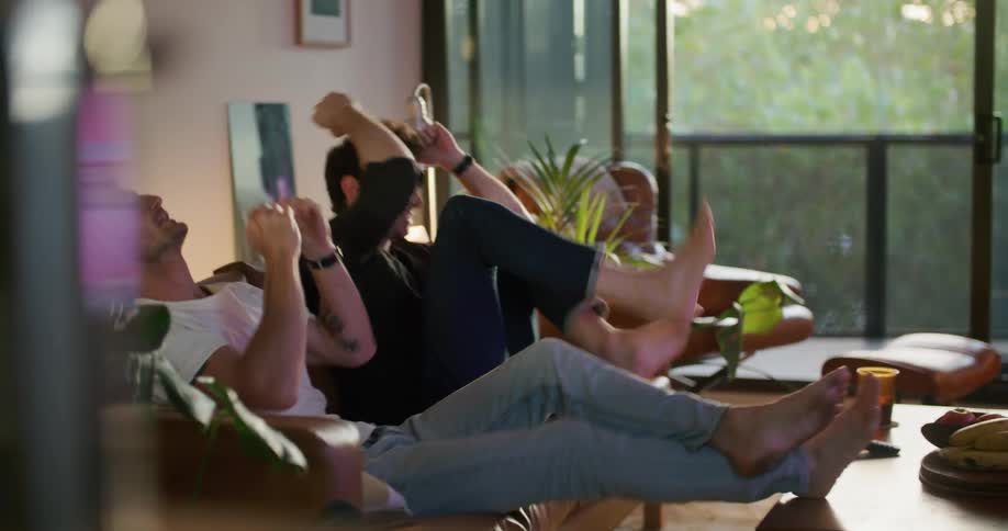 Two men are watching television and celebrating