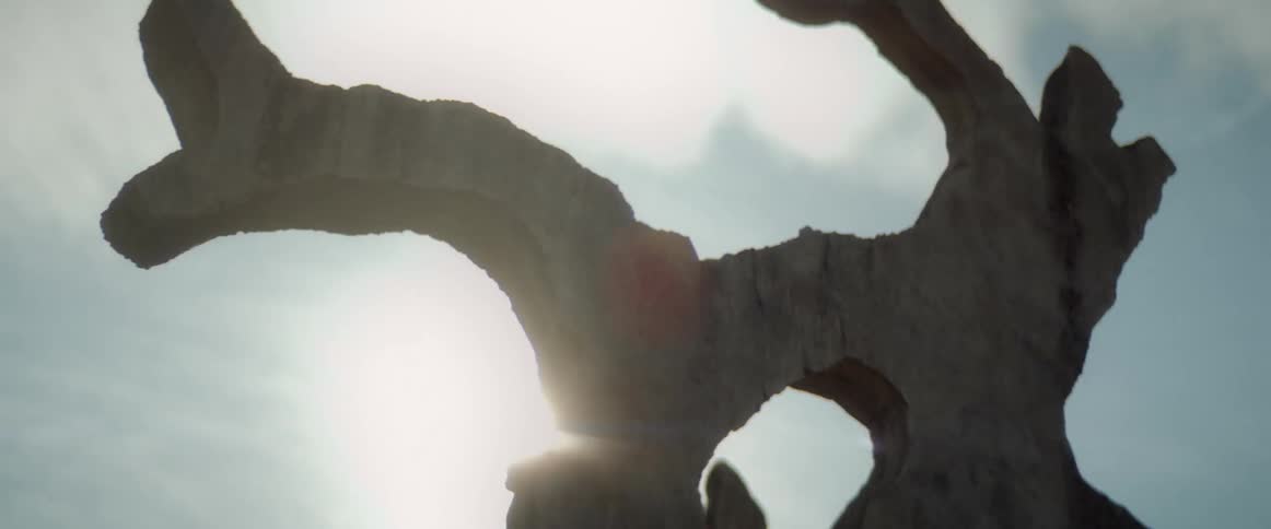 The sun shines brightly behind a wooden sculpture