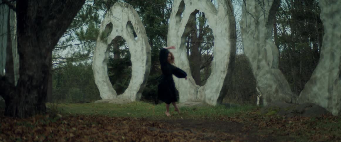 Woman is dancing outdoors in a wooded area at dusk