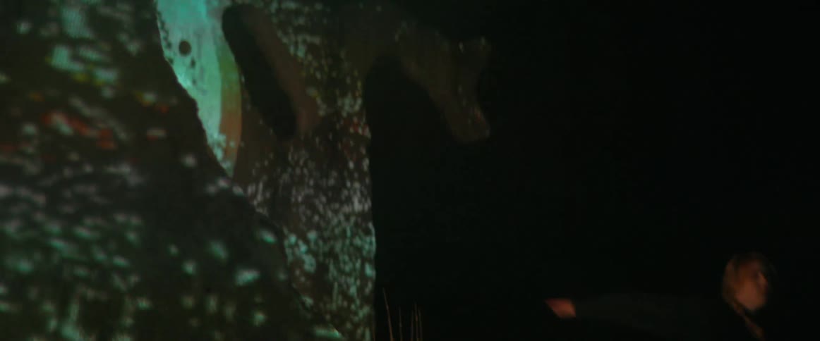 A woman is dancing by a display at night
