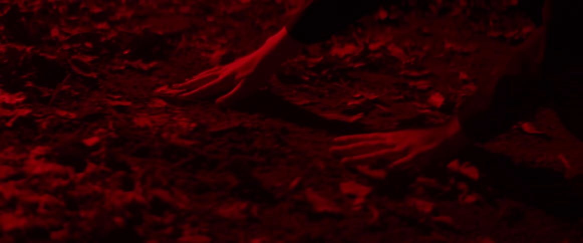 A person is crawling outdoors on the ground at night