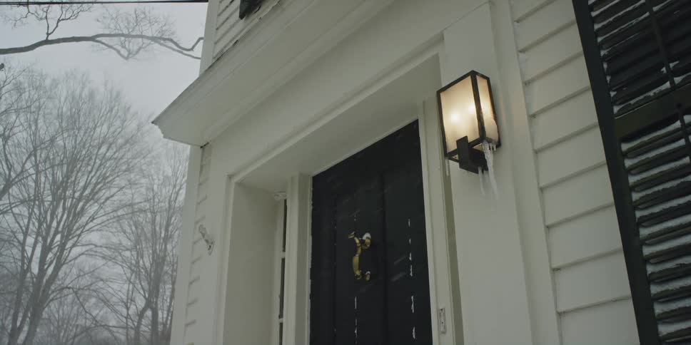 Entrance of a house surrounded by trees on a snow storm at winter