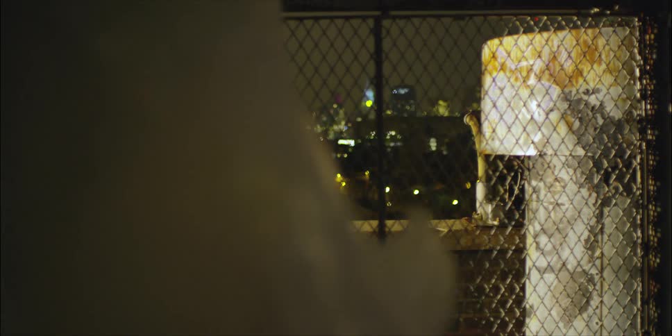 A fence has a lit city in the distance behind it