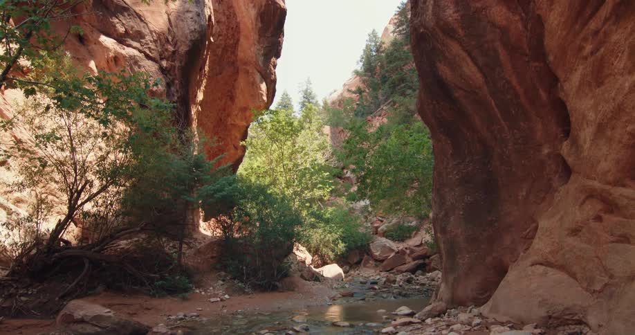 Stream flows through narrow canyon near mountain slope
