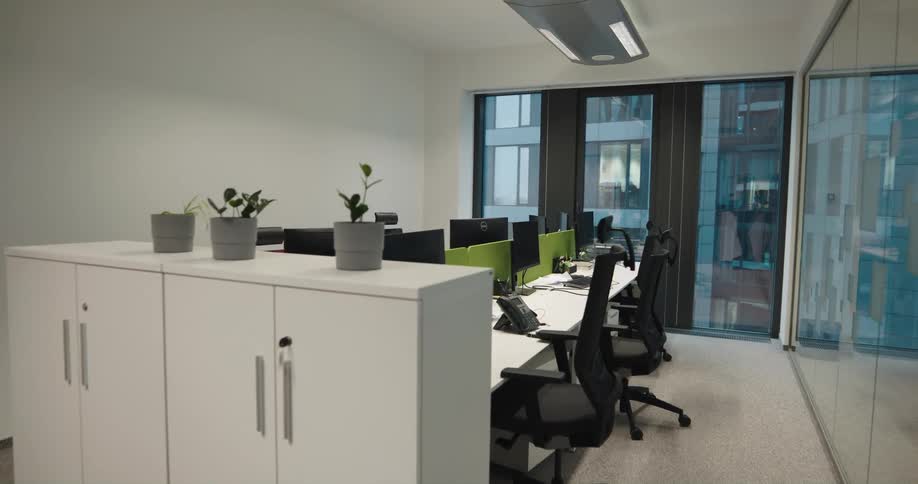 Potted plants sit on end of row of computer desks in office
