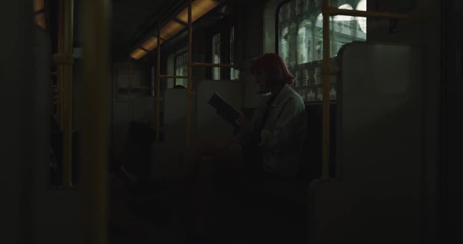 A woman sits on a city bus reading a book