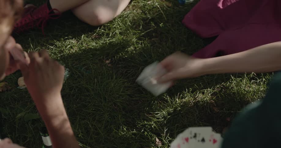 Women are playing cards on the grass