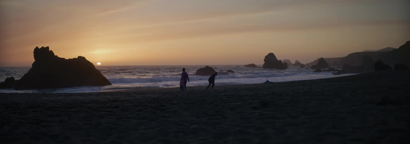 A family of four runs on the beach toward the waves with dad picking up and twirling his son