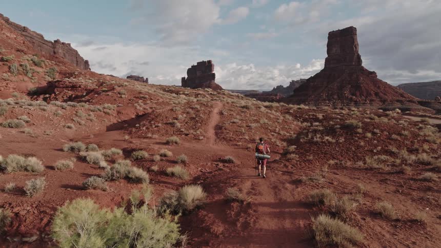 A hiker is walking on a trail through the desert badlands with trekking poles
