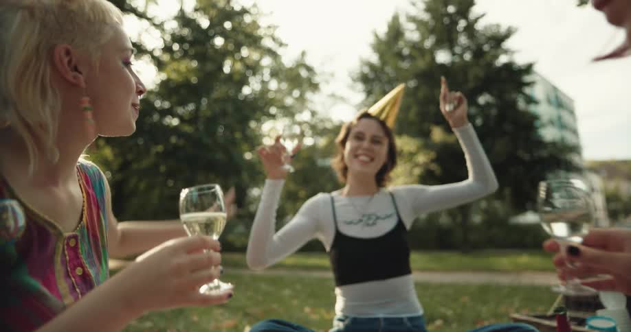 Group of friends sitting on the grass in a park celebrate drinking champagne at evening