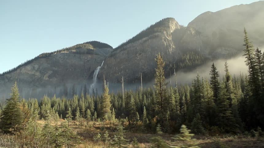 Moving past a forest near a mountain range