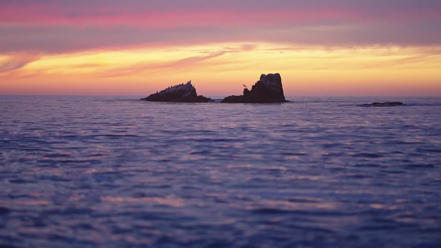 A colorful sky reflects on the water as the waves move and seagulls fly near rock formations off the coast