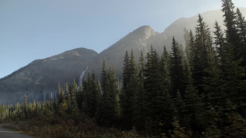 Moving past a forest by a mountain range