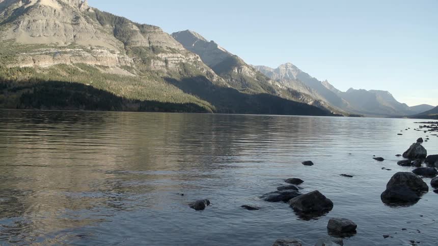 A bird flies over a lake by a mountain range