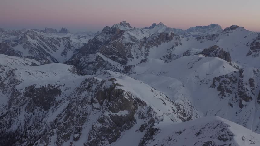 Snow covered mountains and peaks high in a clear sky
