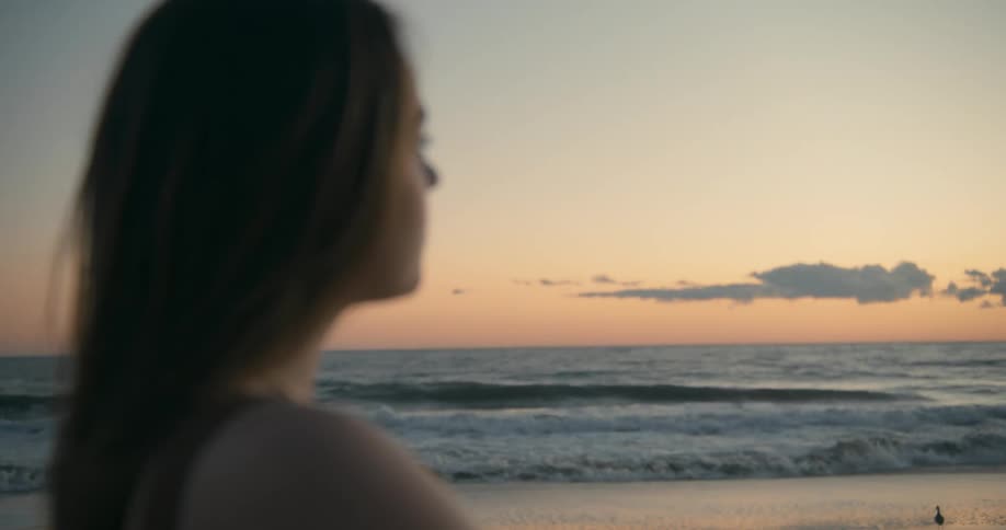 A woman is standing at the beach during dusk