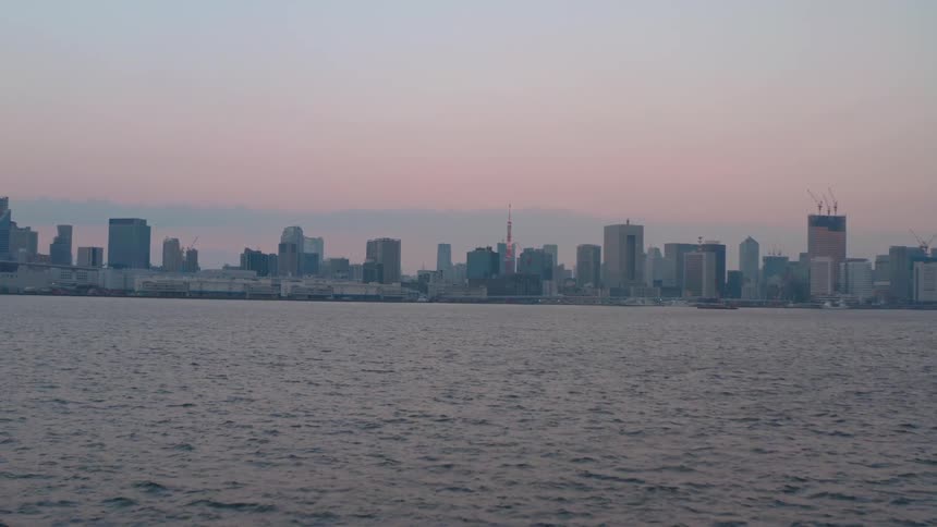 The coastline of a metropolis in the evening