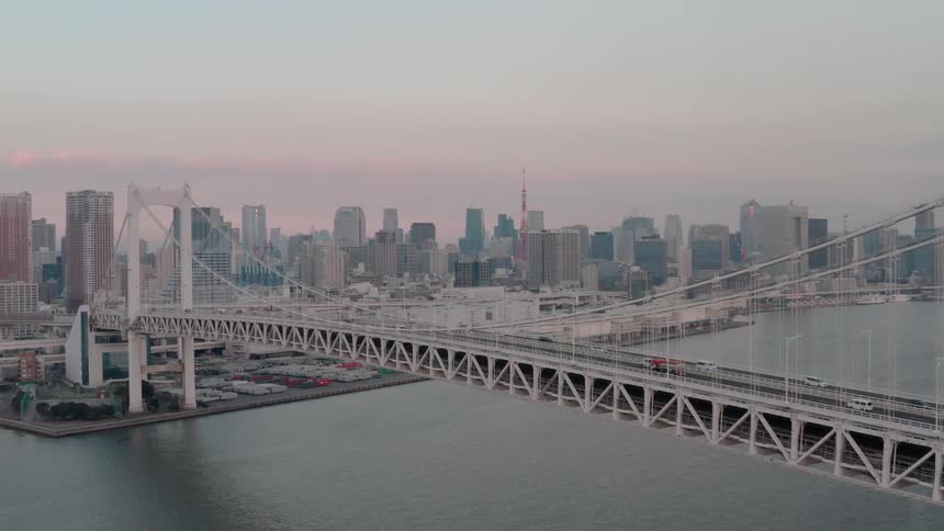 Aerial view of a suspension bridge over a river in front of the city skyline at evening