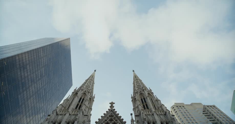 Footage from the ground of the facade of the st patricks cathedral in new york city