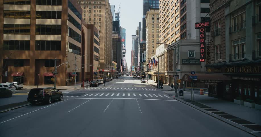 View of the empty lanes of the 7th avenue in new york city