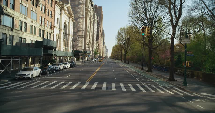 A woman waits to cross the street with her dog as vehicles drive past in a city neighborhood