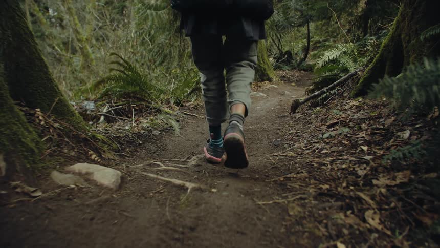 Someone wearing tennis shoes and a coat is walking on a trail in the woods
