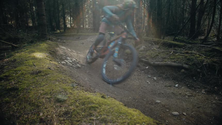 A person rides their mountain bike through the forest