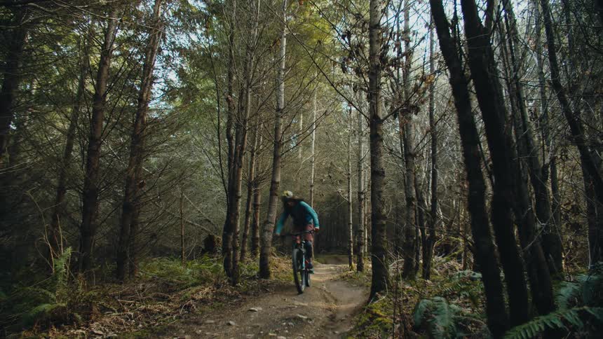 A cyclist rides a bicycle a high speed along a dirt trail through a forest during the day