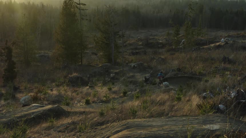 A cyclist wearing a helmet is riding a bike on a trail near a forest