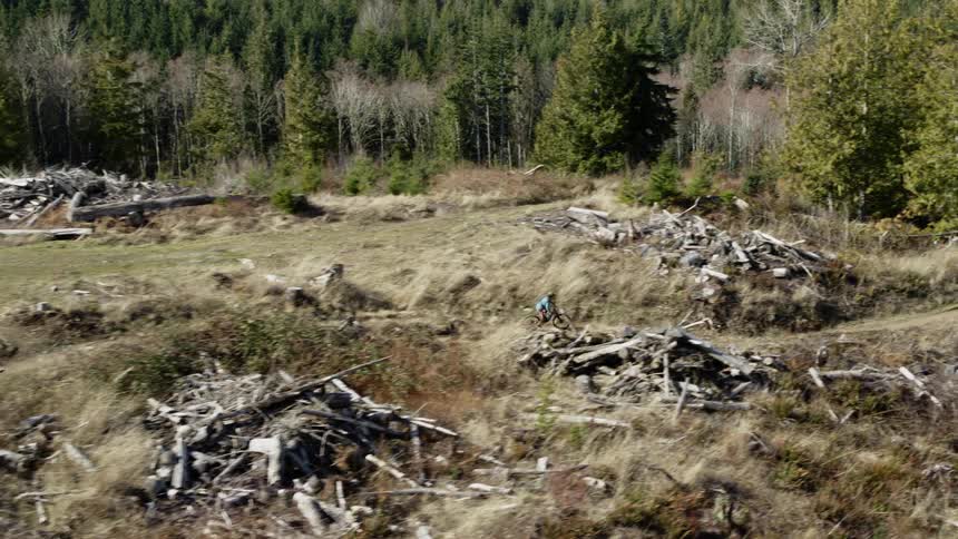 A bicyclist rides on a trail through a bumpy field near a forest