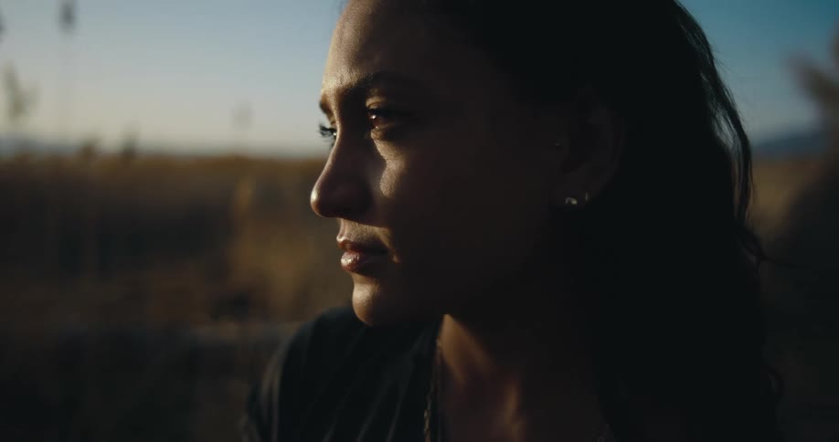 Close up of the face of a young woman in front of grassland at evening