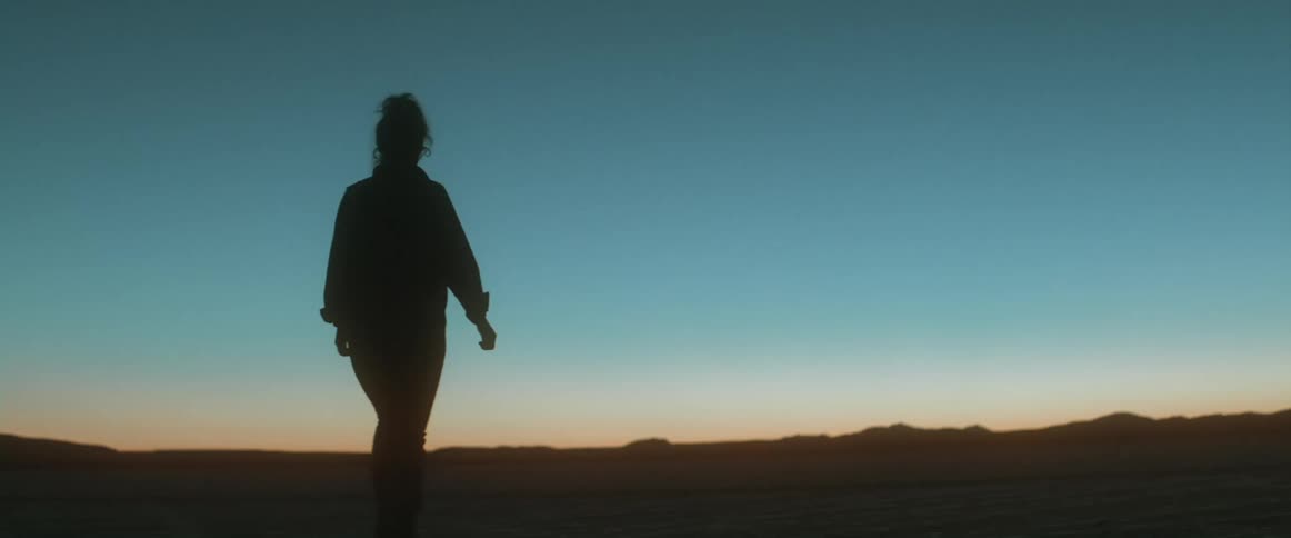 Woman with curly hair shirt and pants is silhouetted against the sky at sunset