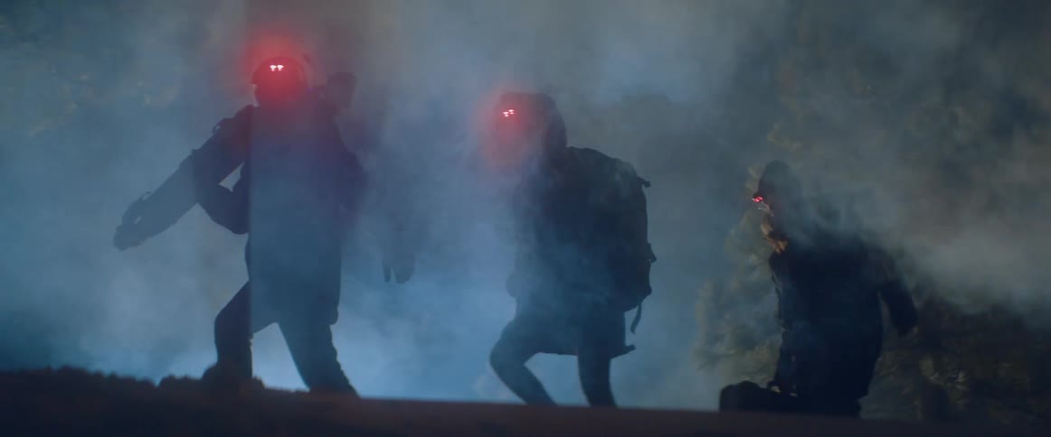 A group of people are walking through a forest at night