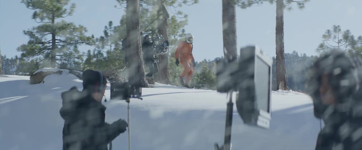 People are filming a movie outdoors in winter