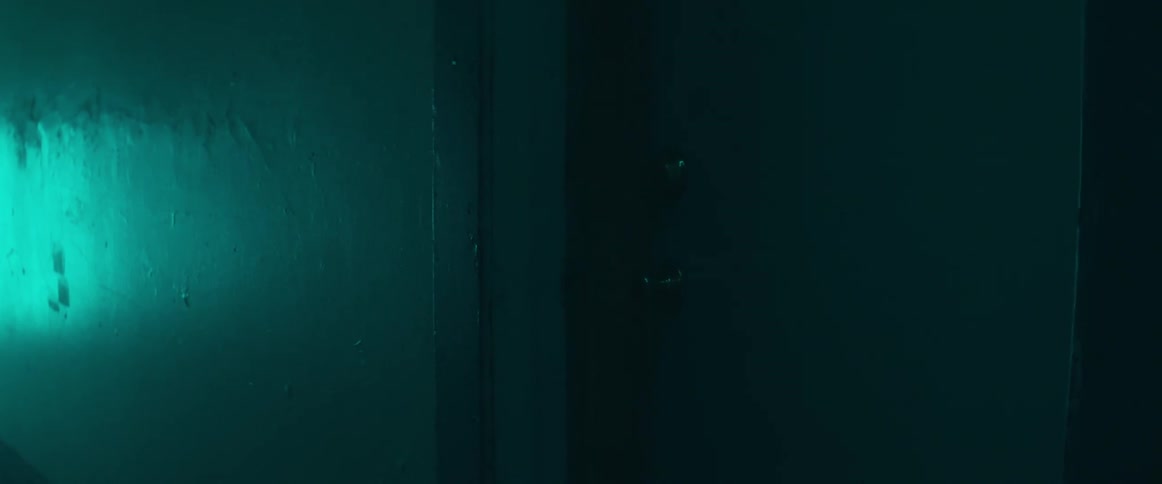 An apartment door opens in a dark and dingy hallway