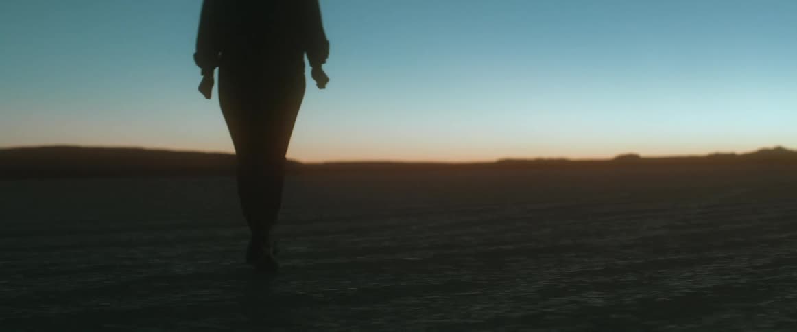 A person is walking outdoors in a field at dusk