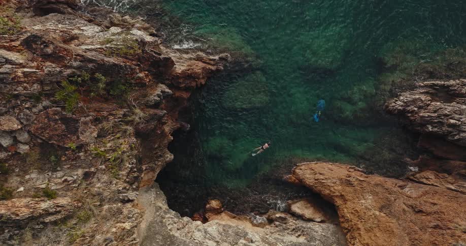 An aerial view of people swimming