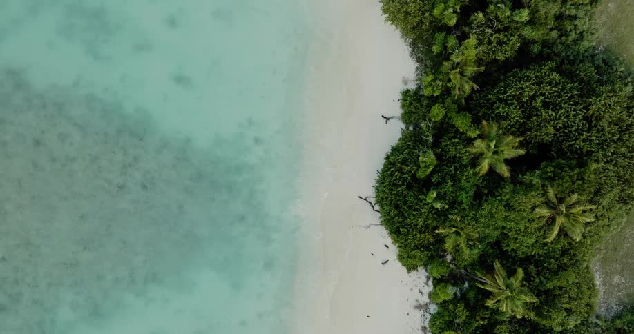 Aerial view of clear water waves rolling over a white sand beach