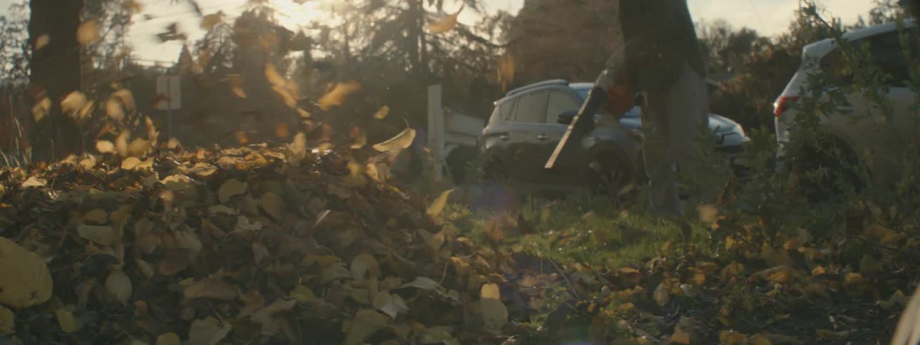 A man walking is outside in his yard blowing leaves across his lawn with a leaf blower