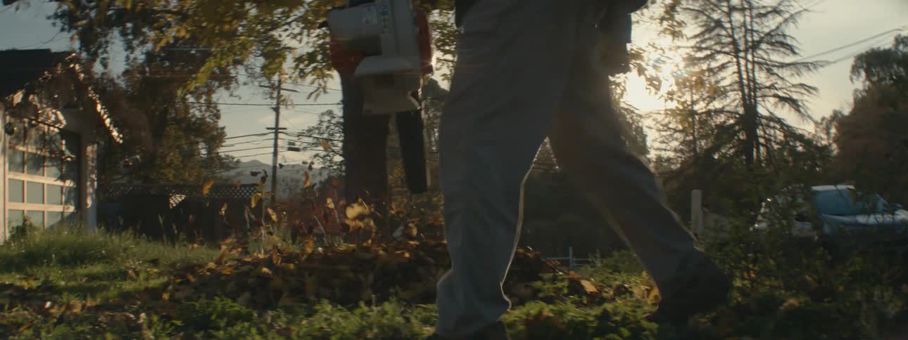 A man blows leaves in his front yard