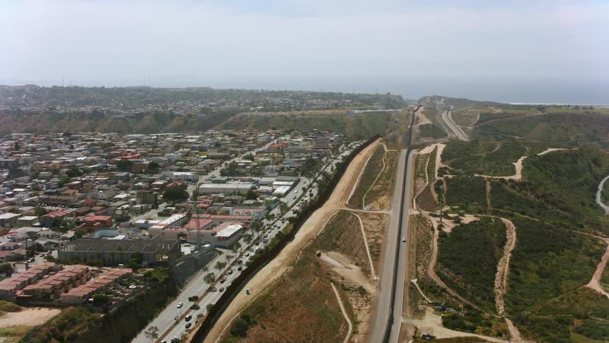 Aerial view of the border wall between Mexico and USA in Southern California