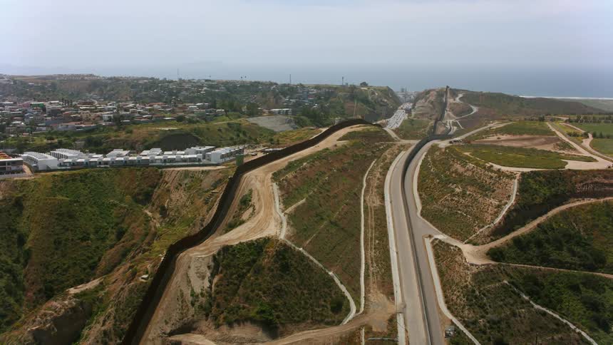 Aerial view of the border wall between Mexico and USA in Southern California