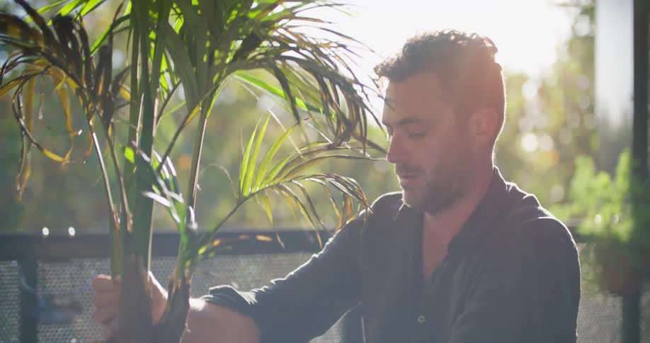 A man is sitting outside on a stool transplanting a plant into another pot