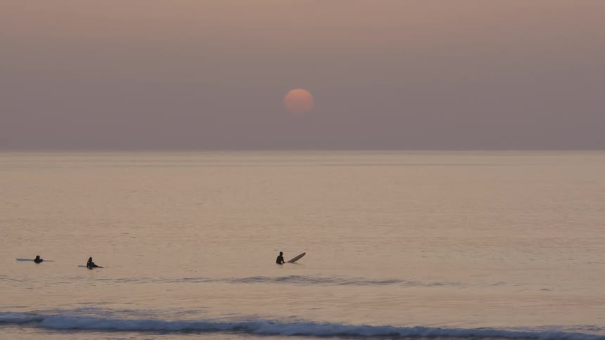 People wade in the ocean with their surfboards