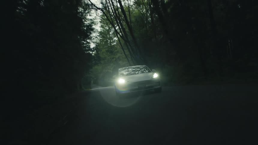 A silver automobile is traveling on a forest road with the headlights on