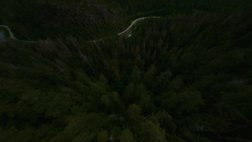 Aerial view of a river flowing over rocks along the side of a forest mountain road