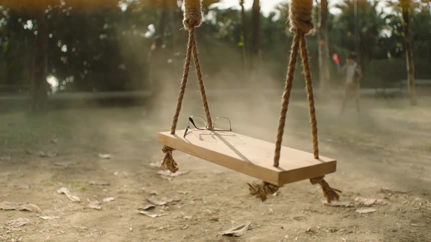 A pair of eyeglasses rest on a wooden tree swing in a park
